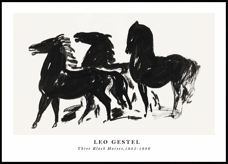 Drei schwarze Pferde, dynamische Tuscheskizze von Leo Gestel 1935–1936 Poster – Posterbox.dk