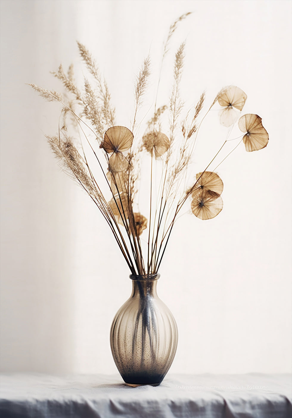 Eine mit Trockenblumen gefüllte Vase auf einem Tisch