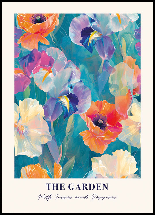 ein Gemälde mit bunten Blumen auf blauem Hintergrund