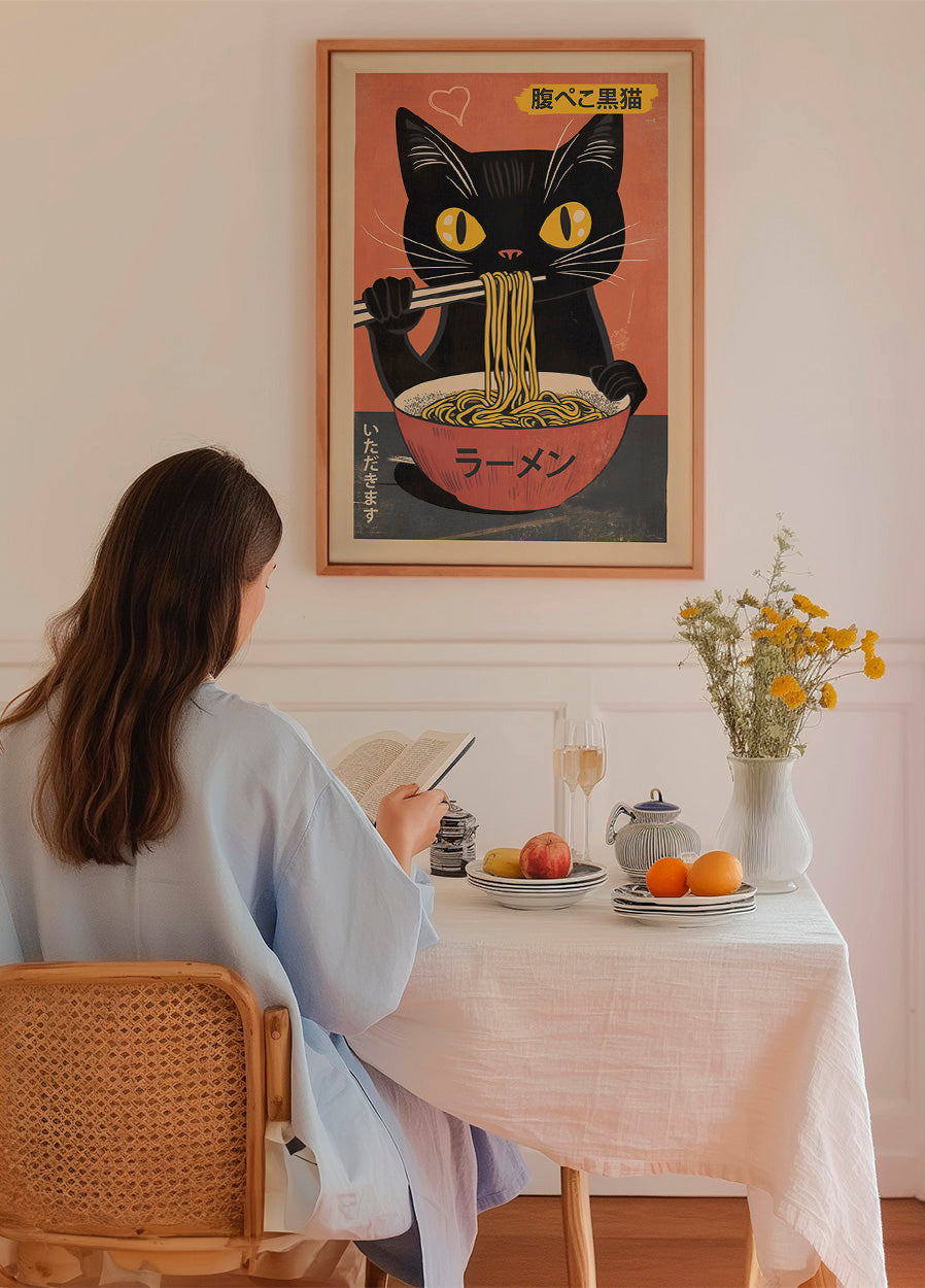 Vintage-Poster mit schwarzer Katze, die Ramen isst – Posterbox.dk