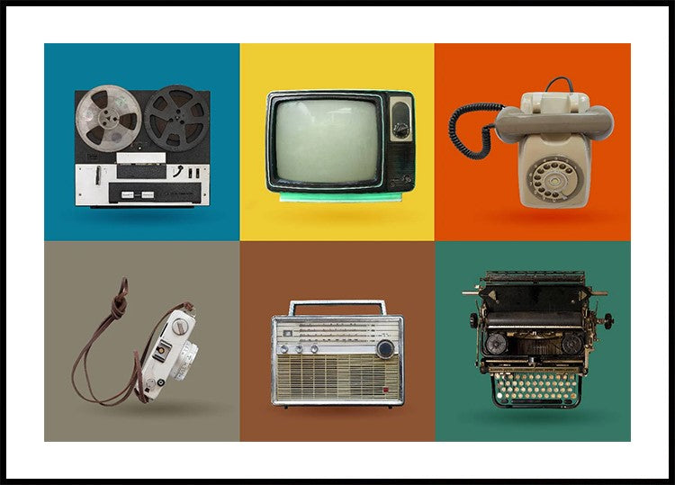 Buntes Vintage-Tech-Grid, Retro-Gadgets-Poster - Posterbox.dk