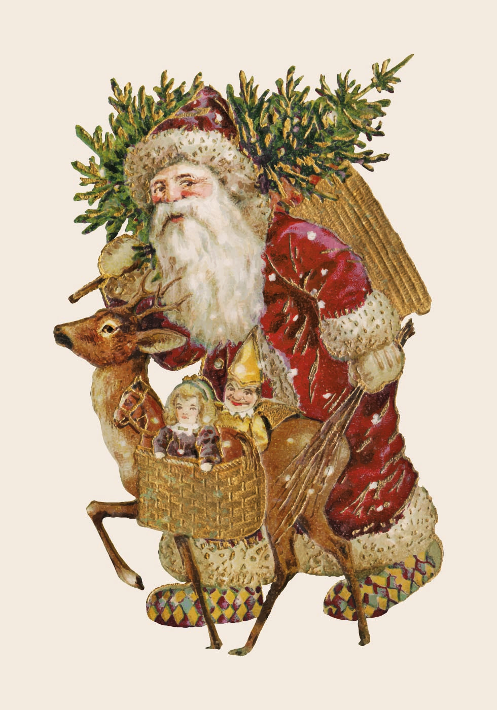 ein Gemälde eines Weihnachtsmanns mit einem Hirsch