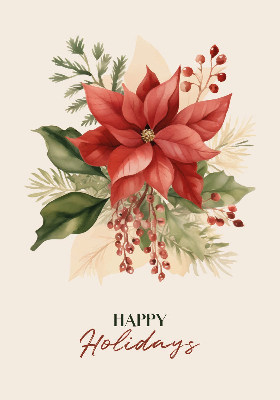 eine Weihnachtskarte mit Weihnachtsstern und Stechpalme