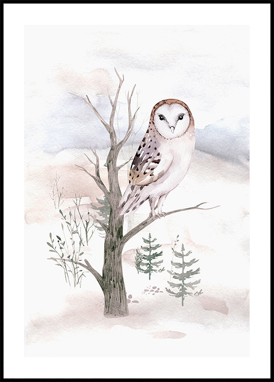 Aquarell-Eule im Wald Poster - Posterbox.dk