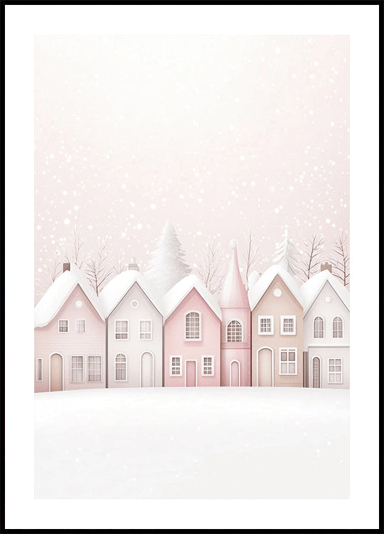 Aquarell verschneite rosa Häuser-Poster - Posterbox.dk