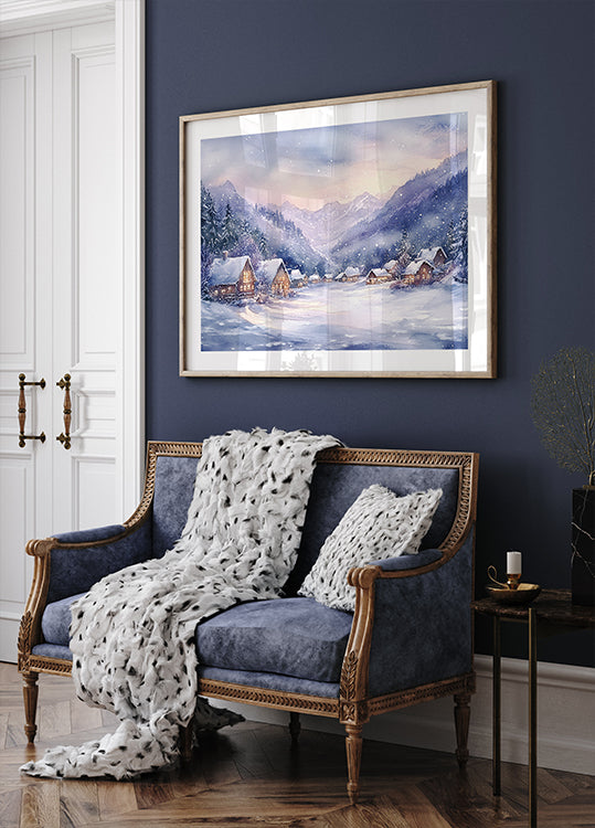 Aquarell Winter Mountain Village Poster - Posterbox.dk