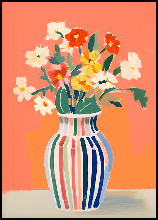 Wildblumen, gestreifte Vase, korallenroter Hintergrund Poster - Posterbox.dk