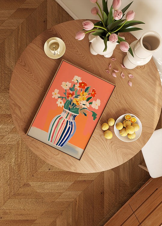 Wildblumen, gestreifte Vase, korallenroter Hintergrund Poster - Posterbox.dk