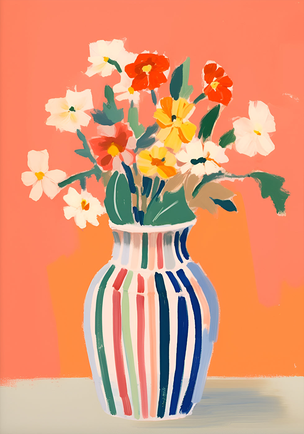 Wildblumen, gestreifte Vase, korallenroter Hintergrund Poster - Posterbox.dk
