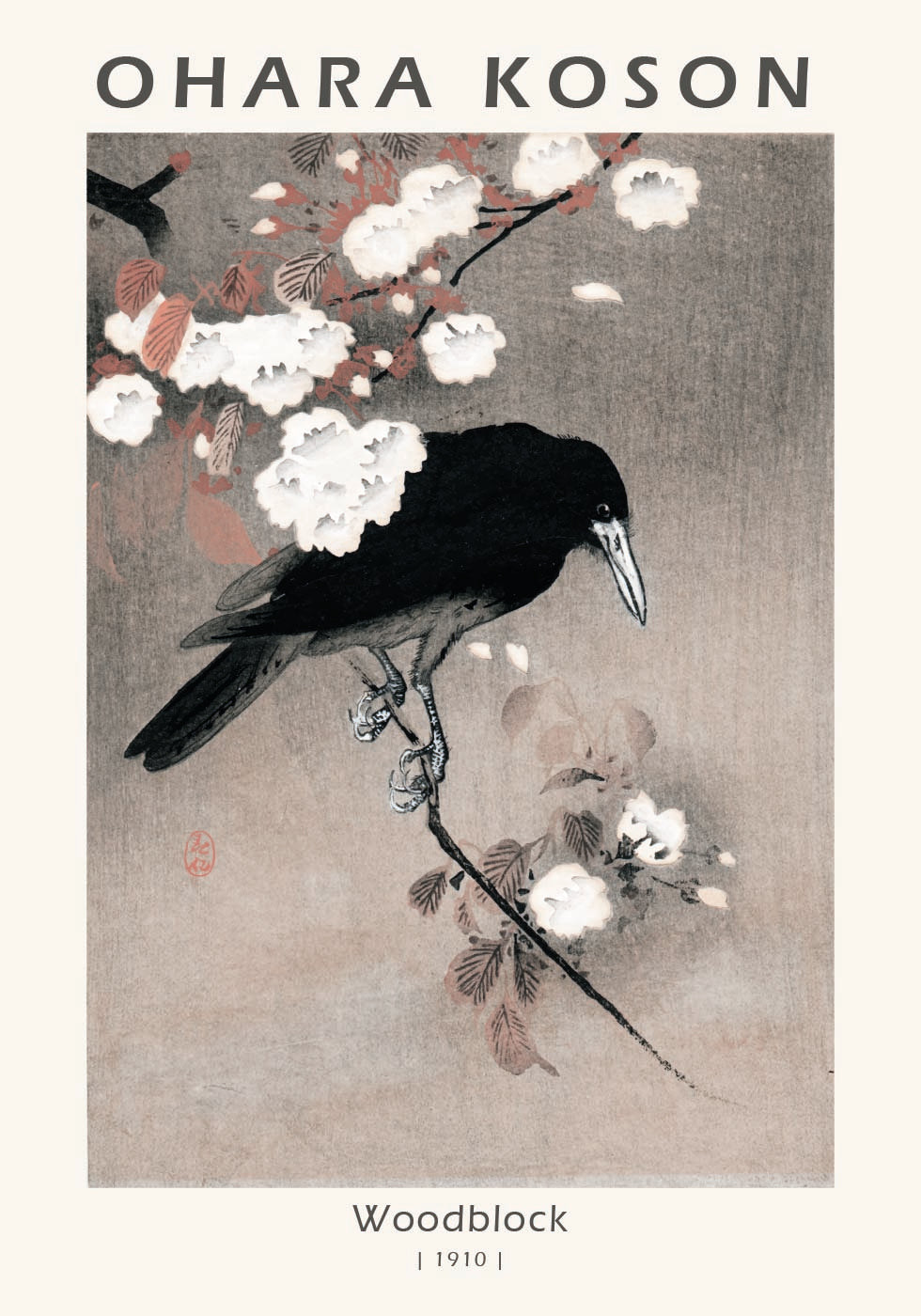 Holzschnitt, Krähe auf Kirschblütenzweig von Ohara Koson Poster - Posterbox.dk