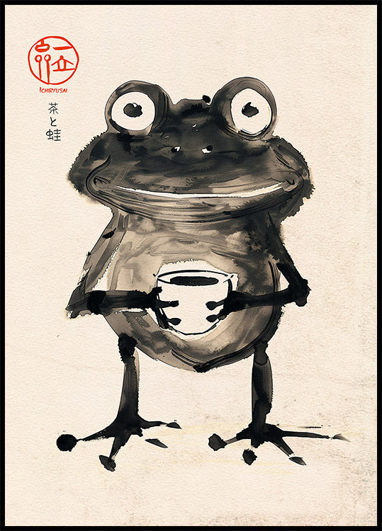 Zen-Frosch mit Tee, japanisches Tuschekunstposter - Posterbox.dk