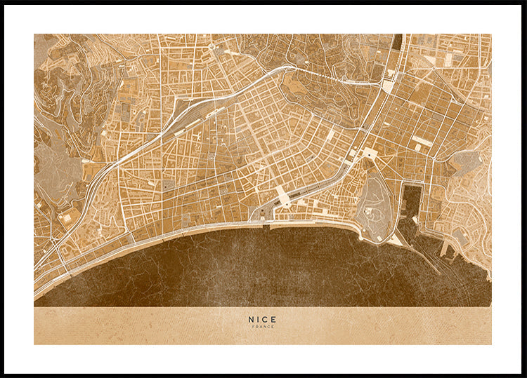 Sepia vintage map of Nice downtown France Plakat - Posterbox
