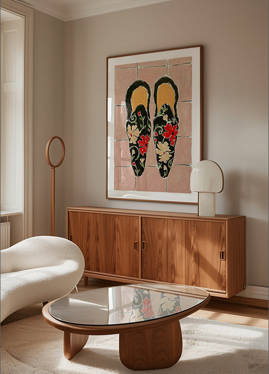Black Shoes On Pink Tiles Plakat - Posterbox