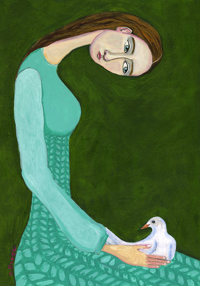 Lady sitting with white dove bird woman Plakat - Posterbox
