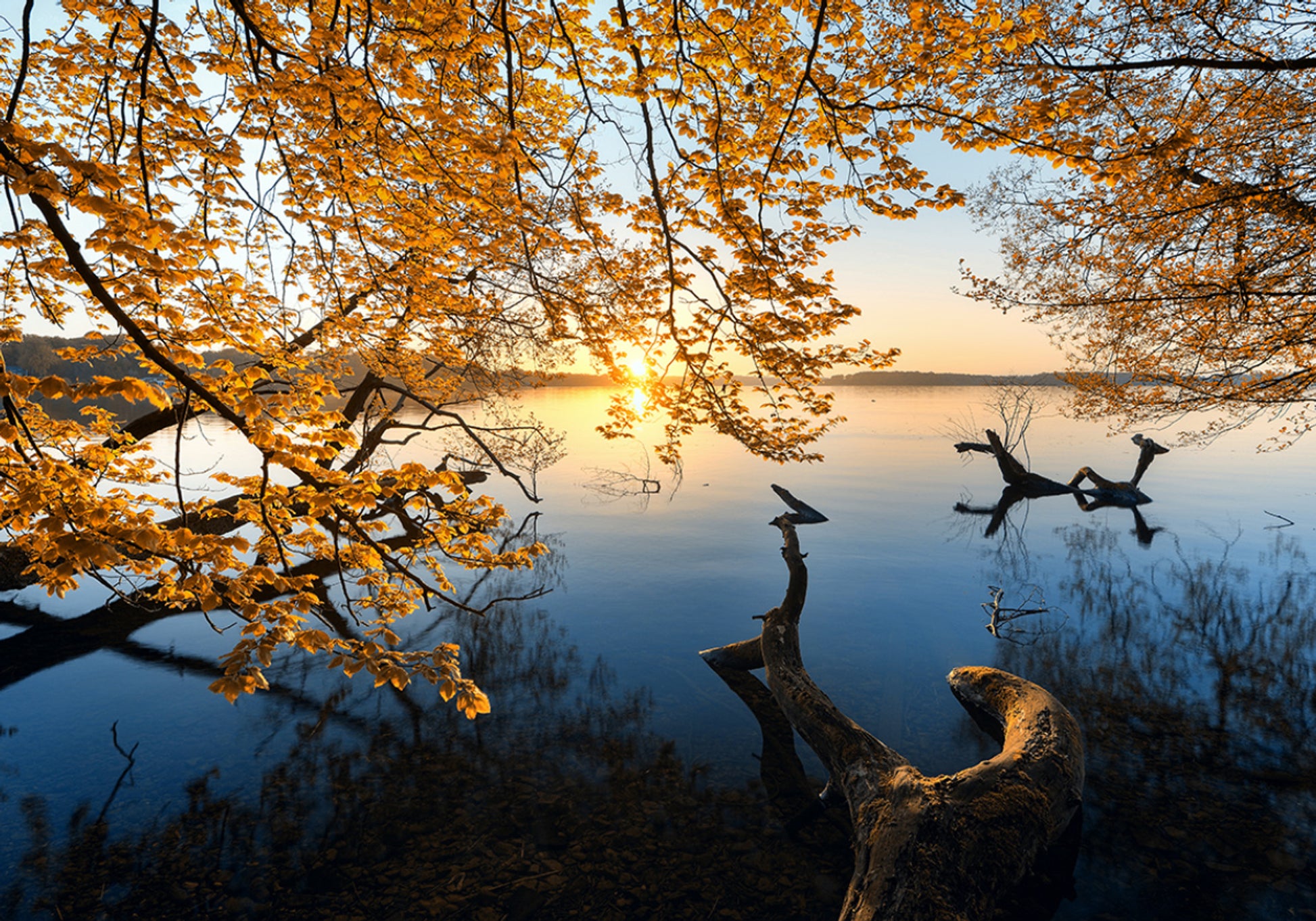 Goldener Herbstsee-Sonnenaufgang