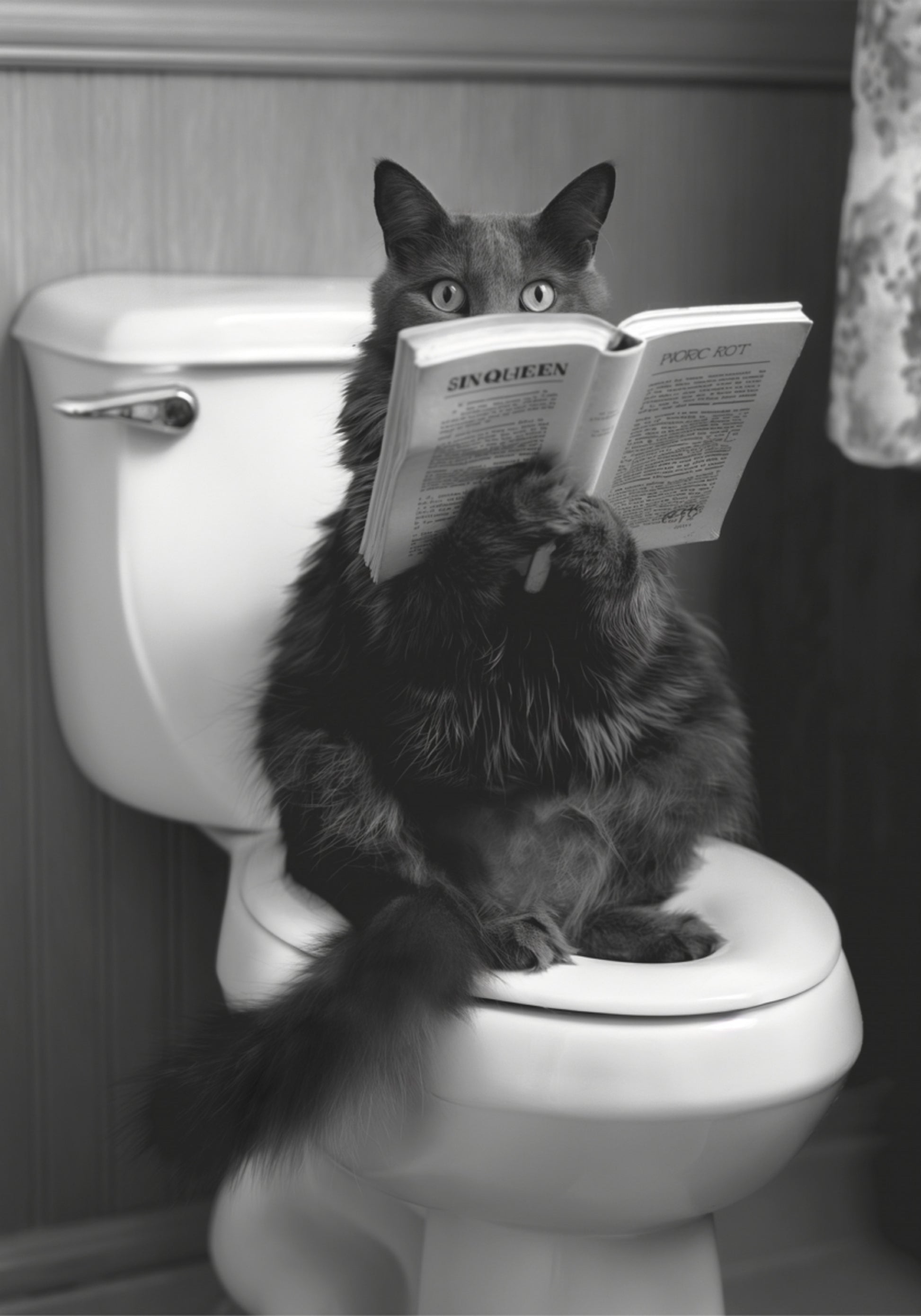 Katze liest auf der Toilette