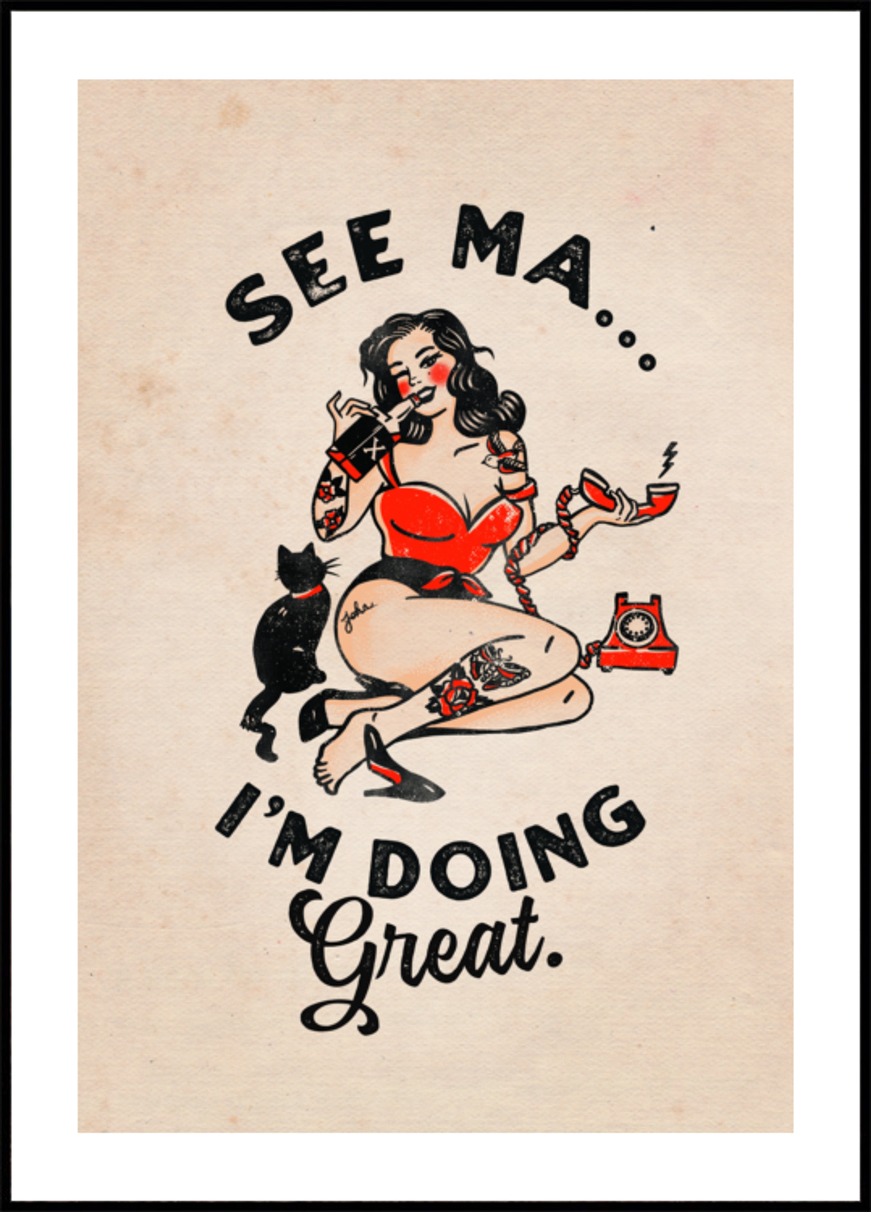 Siehe Ma Poster Lustiges Vintages Pinup-Mädchen und Katze