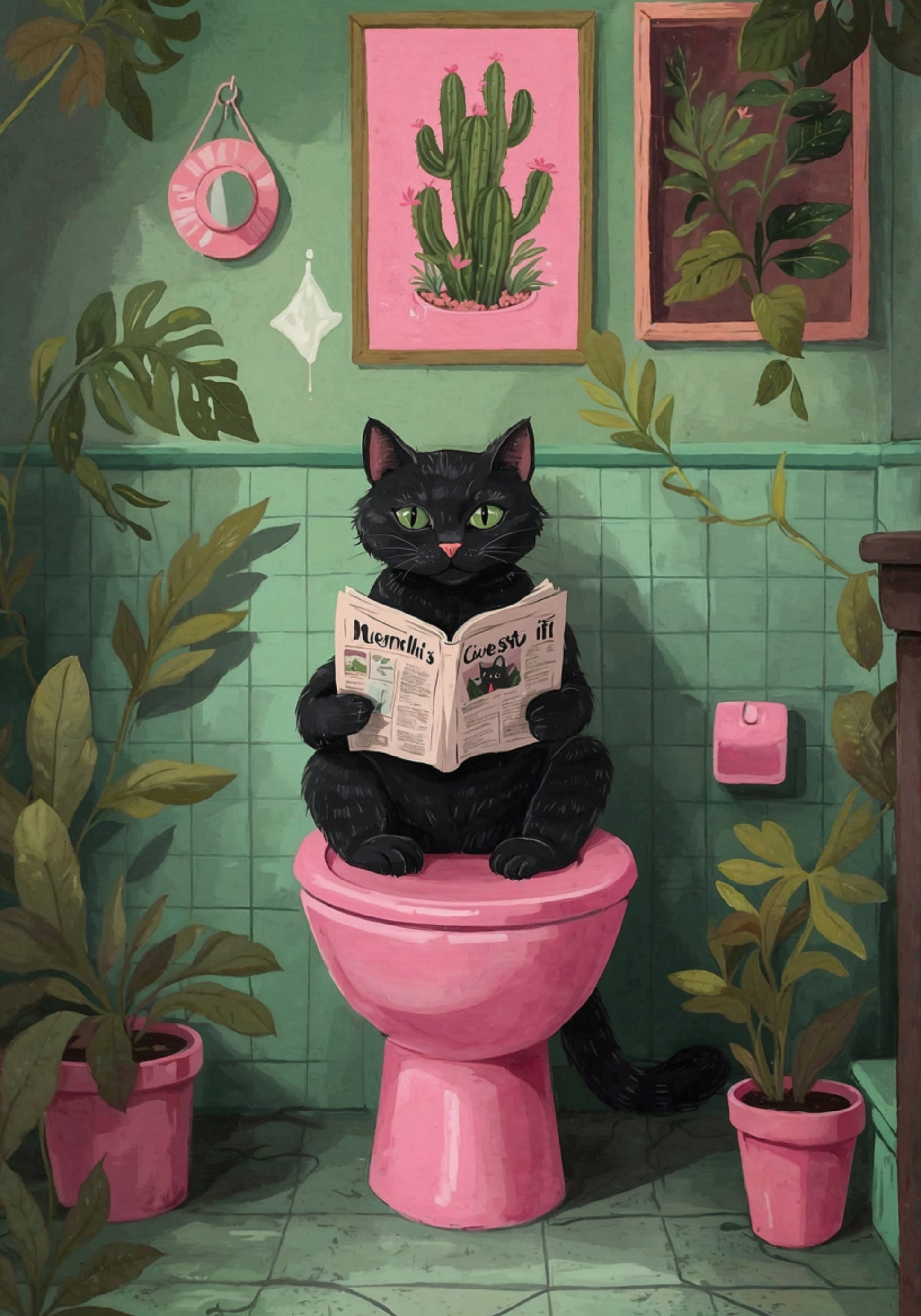 Katze liest im Badezimmer