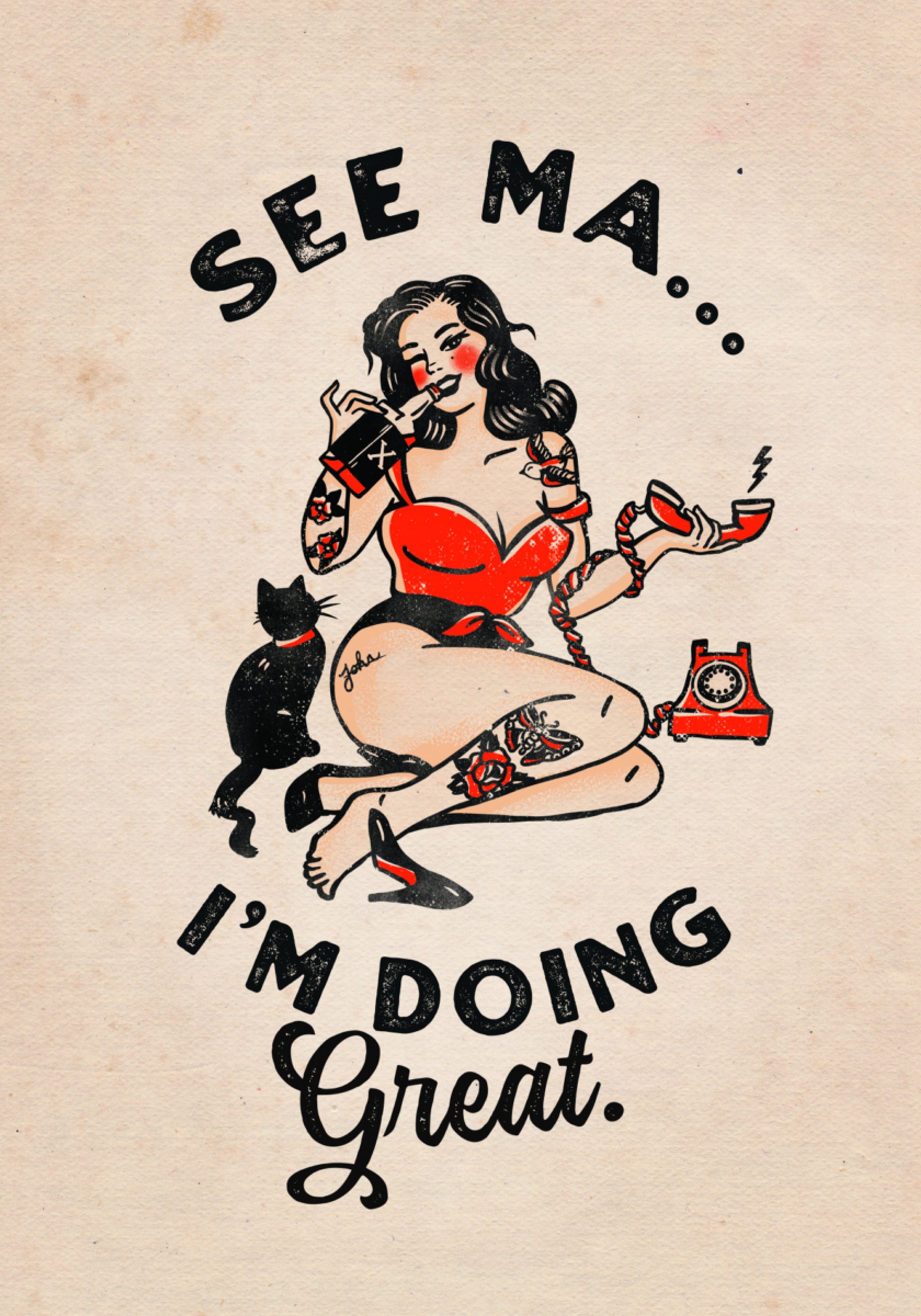 Siehe Ma Poster Lustiges Vintages Pinup-Mädchen und Katze